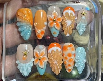 Orange Floral Press On Nails / 3D Seashell Nails / Starfish Pearl Nails / Tropical Summer Nails / Long Almond Fake Nails