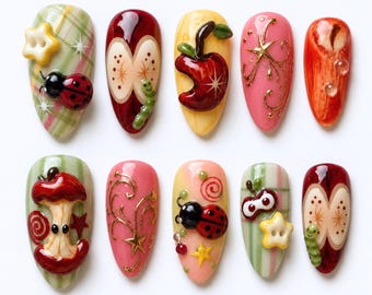 Fruitpicknick Nagelpers / 3D-appel lieveheersbeestjenagels / Lange nepnagels amandel / Kawaii zomertuinnagelset