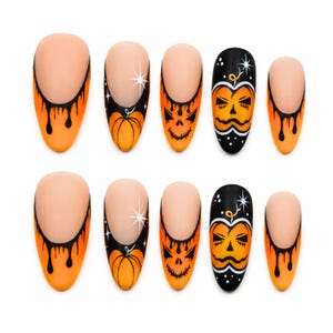 Halloween Press On Nails, Orange Black Drip Nails, Pumpkin Nail Set, Jack O Lantern Nails, Spooky Autumn Fake Nails, Halloween Manicure