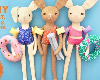 Bunny Sewing Pattern, Handmade Heirloom Doll With Beach Swimsuit, PDF Tutorial, Montessori Cotton Rabbit Toy, Easy Beginner Sewing Pattern