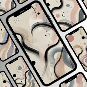 May include: A collection of phone cases with abstract designs featuring black, white, gray, and pink brushstrokes and dots.
