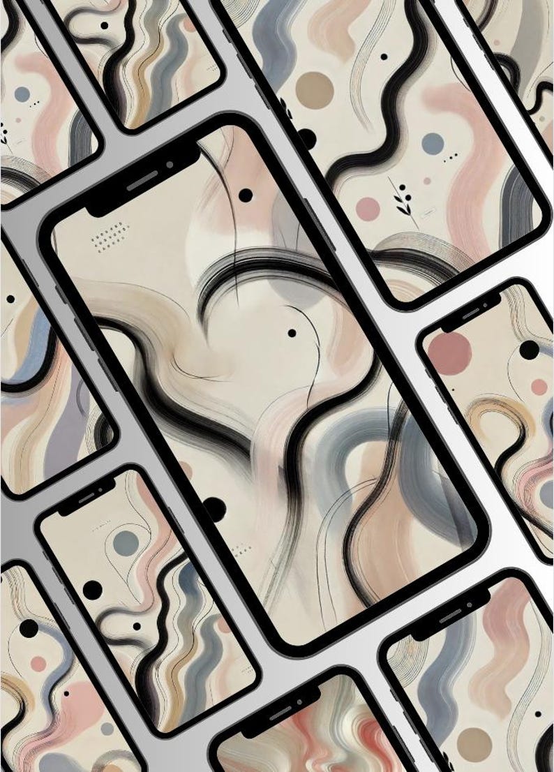 May include: A collection of phone cases with abstract designs featuring black, white, gray, and pink brushstrokes and dots.