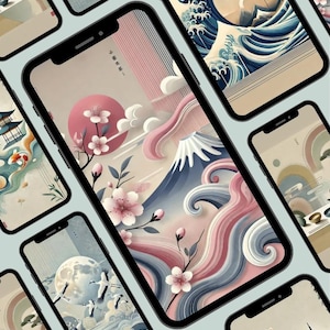 Könnte beinhalten: Mehrere Smartphones mit japanisch inspirierten Kunstwerken. Die Bildschirme zeigen Illustrationen des Fuji, Kirschblüten, Wellen und Kraniche in einer sanften Farbpalette. Die Telefone sind auf einer hellblauen Oberfläche angeordnet. Das Thema ist japanische Kunst.