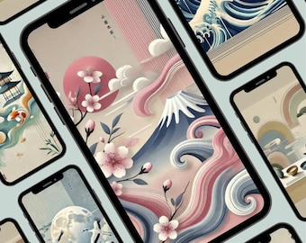 5 Pack Japanese Themed Phone Wallpapers, Calm Aesthetic, Bright Colour, Digital, High Quality, Instant Download, Iphone Background, Android,