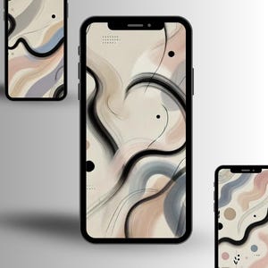 May include: Three different phone screens with abstract art designs. The designs feature black lines, swirls, and circles on a background of beige, light blue, and pink.