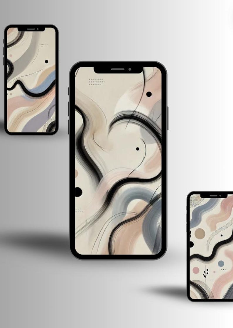 May include: Three different phone screens with abstract art designs. The designs feature black lines, swirls, and circles on a background of beige, light blue, and pink.