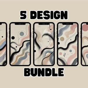 May include: A set of five abstract phone wallpapers featuring a combination of black, white, gray, pink, and blue colors. The designs feature wavy lines and abstract shapes.