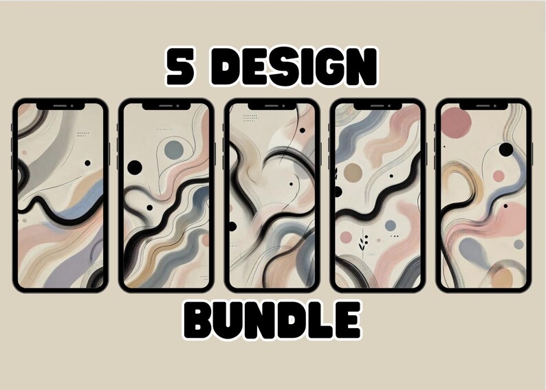 May include: A set of five abstract phone wallpapers featuring a combination of black, white, gray, pink, and blue colors. The designs feature wavy lines and abstract shapes.