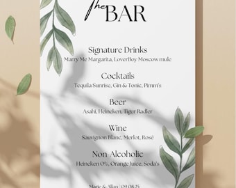 Custom Floral Wedding Bar Menu, Signature Drinks Sign (Printable Template)