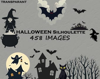Cute Halloween Clipart Retro Silhouette PNG Ghost Witch Pumpkin 458 Digital Download