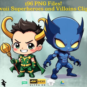 197 Superheroes and Villains Kawaii Clipart - Cute Hero and Villain Characters, Perfect for Kids and Creative Projects