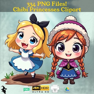 Chibi Cartoon Girl Characters - 334 Cute Princess Clipart Images, Transparent Background PNG, Perfect for Kids Decor & Creative Projects