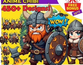 Viking Clipart Chibi Norse Warrior PNG Fantasy History Art 450 Digital Download