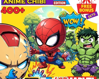 Superhero Clipart Bundle Chibi Hero PNG Cricut Party Decor 400 Digital Images