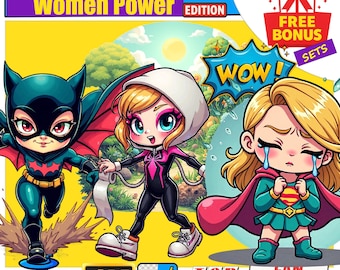 Superhero Clipart Women Hero Chibi PNG Birthday Party Decor 500 Digital Download