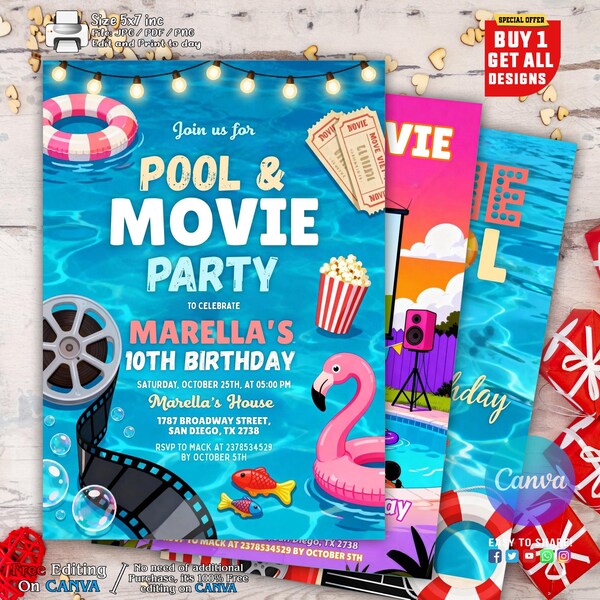 Può includere: Un vivace design di invito per una festa in piscina e cinema, con una scena in piscina, un galleggiante a forma di fenicottero, popcorn e grafica di bobina cinematografica. L'invito è per il 10° compleanno di Marella, con i dettagli dell'evento.