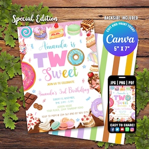 Zwei süße Geburtstagseinladung, 2. Geburtstagskind Donut-Einladung Blush Pink Zweijähriges Dessert einladen, zwei süße bearbeitbare Canva-Vorlage