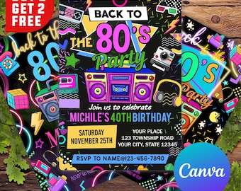 Editable 80s Birthday Party Invitation, Back To The 80s, Throwback Party, Neon Party, Glow Dance, 2000s Birthday, 80s All text is editable