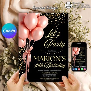 Rose Gold Balloons invitation, Rose Gold Birthday Invitation, Pink Birthday Party Invitation, Rose Gold Balloons Invite, Birthday Girl