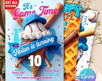 Invitación de cumpleaños de béisbol, plantilla editable de Canva, acceso y descarga instantáneos, invitación digital de cumpleaños de béisbol, béisbol