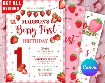 Berry First Birthday Invitation, Editable 1st Birthday Girl Invite, Printable Strawberry First Birthday Girl Invitation Template