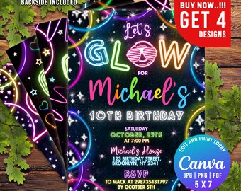 Puede incluir: Invitación a una fiesta de neón con colores fluorescentes y fondo negro. La invitación dice "Let's Glow for Michael's 10th Birthday".