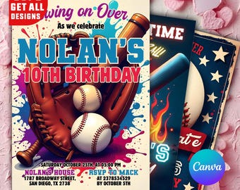 Baseball Birthday Party Invitation, Sports Birthday Invitation, Swing on Over, Rookie of the Year, Digital Editable Printable, Baseball