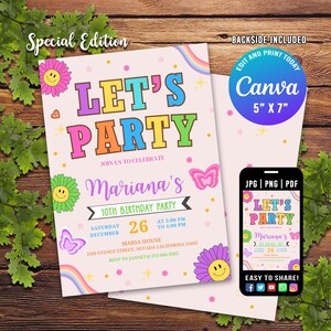 Invitación con letra de parche, invitación de cumpleaños para niña, fiesta universitaria con parche, invitación preppy, cumpleaños retro para niña, Canva editable