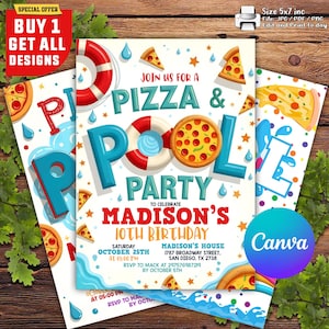 Faire-part de pizza et piscine modifiable, invitation de fête de pizza et de piscine, fête de piscine de garçon, fête de natation, piscine de pizza avec toile