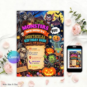 Op de afbeelding: Een verjaardagsuitnodigingskaart met Halloween-thema met een houten bord met de tekst Calling All Little Monsters You're Invited To A Spooktacular Birthday Bash, Cooper's 10th Birthday, geïllustreerd met een vampier, mummie en Frankenstein.