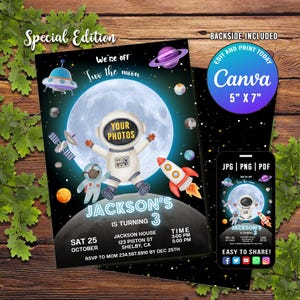 Modèle de carte modifiable d'invitation à une fête d'anniversaire de la lune, deuxième anniversaire garçon, invitation espace extra-atmosphérique, 2 ans
