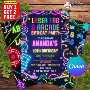 Bewerkbare lasergame Arcade verjaardagsuitnodiging neongloed lasergame en videogamingfeest neongloed gaming, lasergame arcade CANVA