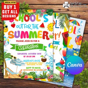 May include: Summer-themed invitation design with colorful text reading "Schools Out For The Summer!" and event details. The design includes illustrations of a sun, watermelon, and beach elements. The invitation is 5x7 inches.