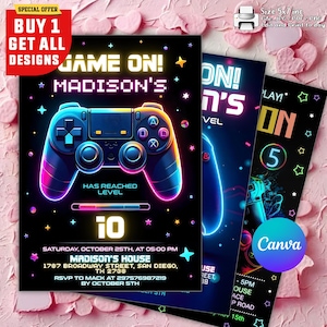 Faire-part de fête d'anniversaire jeu vidéo, faire passer un anniversaire sur invitation de niveau supérieur, invitation de fête d'arcade, néon d'invitation, gamer vidéo phosphorescent, toile de jeu vidéo