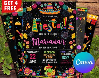 Op de afbeelding: Een kleurrijke uitnodiging voor een kinderfeestje voor een 8e verjaardag. De uitnodiging heeft een zwarte achtergrond met kleurrijke Mexicaanse decoraties, waaronder een sombrero, maracas en bloemen. De tekst op de uitnodiging luidt: "Het is tijd voor Fiesta! Vier met ons Marianas 8e verjaardag." De uitnodiging bevat ook de datum, tijd en locatie van het feest.
