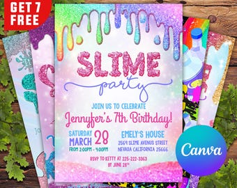 Slime Birthday Invitation, EDITABLE Neon Glow Slime Party Invite Template, Girl Birthday Party, Glitter Slime Time, Slime CANVA