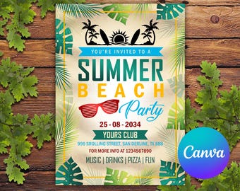Invitación editable para fiesta de verano, invitación para fiesta de verano en la piscina, invitaciones de verano, invitación para fiesta en la piscina, invitación de verano de Canva de 5 x 7