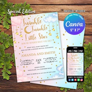 Twinkle Twinkle Little Star Gender Reveal Einladung, Gold Mond und Sterne Gender Reveal Party einladen Vorlage, er oder sie, Junge oder Mädchen einladen