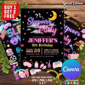 Faire-part d'anniversaire pyjama, imprimable invitation soirée pyjama, soirée pyjama, soirée pyjama, modèle modifiable rétro néon, CANVA