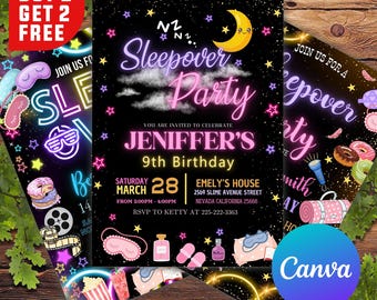 Sleepover Birthday Invitation, Printable Sleepover Invite, Slumber Party, Pajama Party, Retro Neon Light Editable Template, CANVA