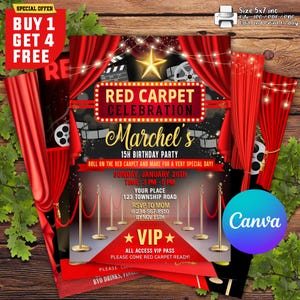 Invitación de cumpleaños con alfombra roja, invitación a evento de alfombra roja en Hollywood, fiesta de alfombra roja, invitación de cumpleaños glamorosa, plantilla CANVA editable