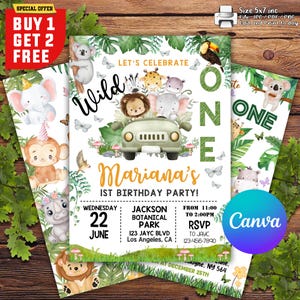 Wild One Birthday Boy Einladung, EDITIERBARE Safari Tiere Party Einladen Vorlage, Dschungel Safari Thema Erster Geburtstag, Safari Instant Download