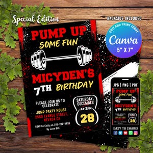 Editable Fitness Gym Birthday Invitation, Digital Kids Party Invite with CANVA, Printable Birthday Party Invitations, Weight Lifting Canva