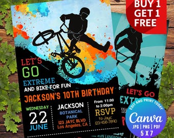Bike Party Invitation, Mountain Bike Party Invite, Dirt Bike Party, Ride On Over, Motorbike Party Invitation, Editable Canva Template