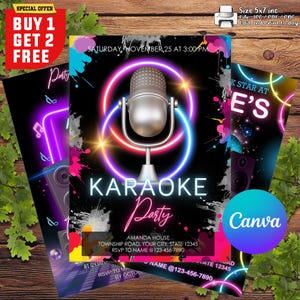 Karaoke Party Birthday Invitation, Neon Singing Music Party Invite, Glow Karaoke Birthday Party, Karaoke and Glow, Instant Download