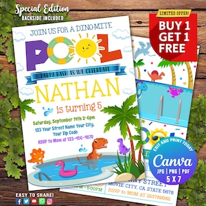 Editable Dinosaur Pool Party Invitation, Swim Birthday Invite, Dino Instant Download, Dino Pool Party, Dinosaur Birthday, Template CANVA