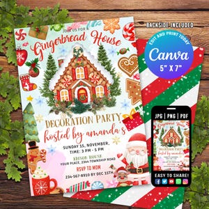Invitación editable para fiesta de cumpleaños con casita de jengibre, invitación para fiesta de decoración de galletas navideñas, invitación para concurso de casitas de jengibre CANVA