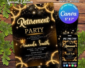 Retirement Party Invitation, Birthday Party It's a Surprise, Retirement Dinner Elegant Black White Gold Sparkle Glitter, Retirement Gold