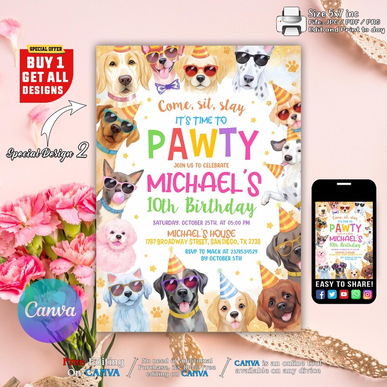 Editable Dogs Birthday Party Invitation – Puppy Birthday Party Animal ...