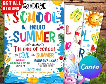 Goodbye School Hello Pool Invitation Template, Editable Pool Party Invite, Editable Summer Break Invite, Summer Goodbye School